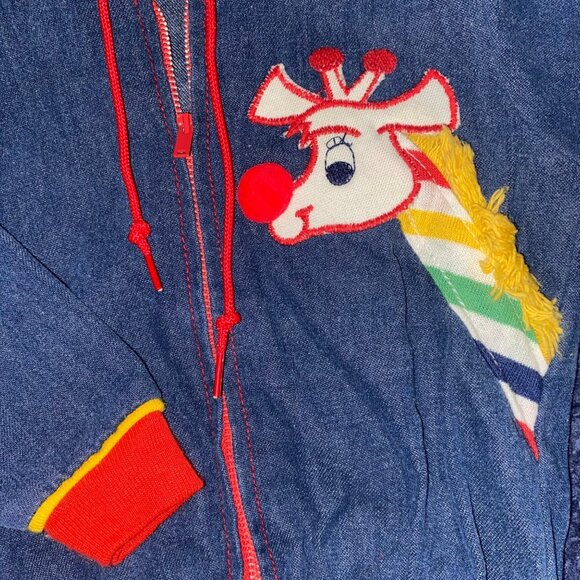 Vintage Don Spun 6/9 Month Denim Hooded Jacket Giraffe Retro Red Yellow Green - Picture 2 of 4